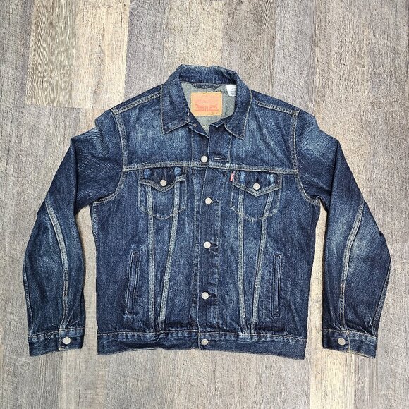 Levi's Men's Adult LARGE Dark Blue Distressed Denim Button Up Jean Jacket - Picture 1 of 9
